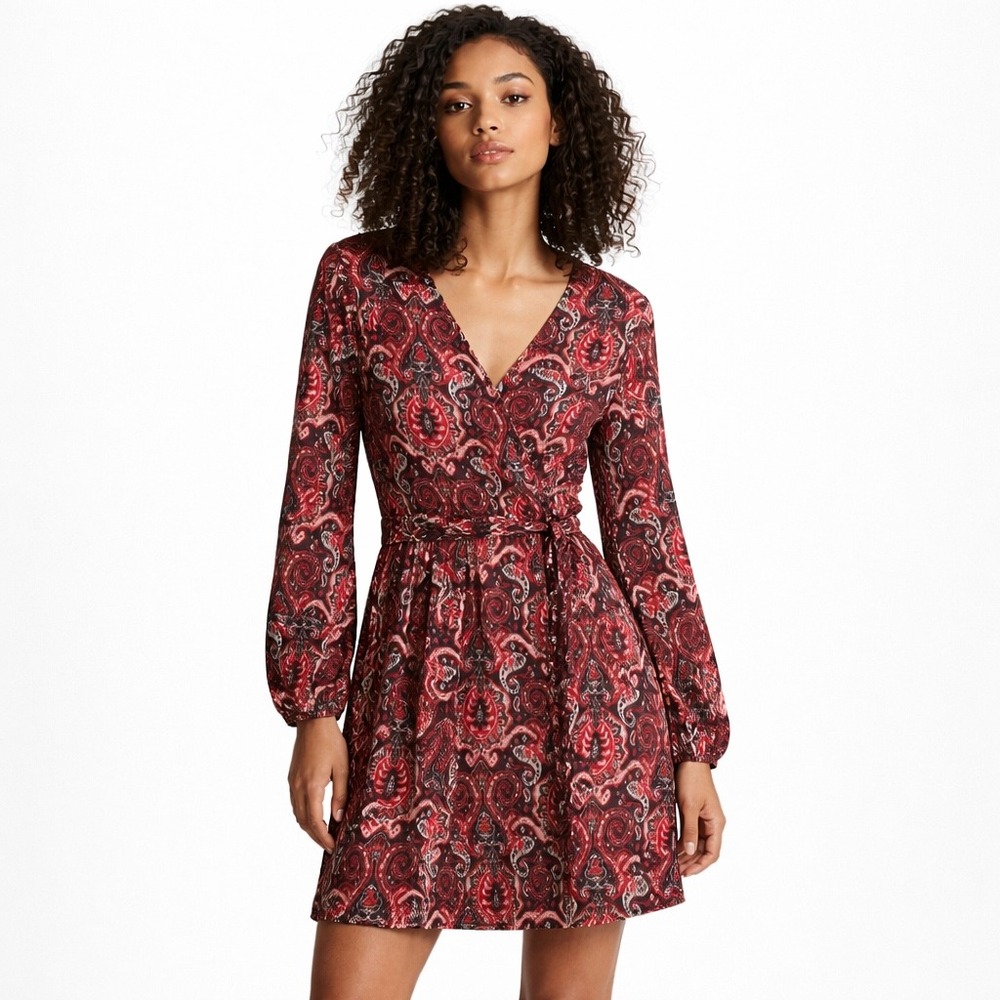 Maeve Anthropologie Belted Faux Wrap Red Dress S Paisley Lurex Metallic Knit